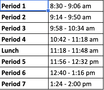 Monday Schedule - Students follow fordaily the first 2 weeks of school
